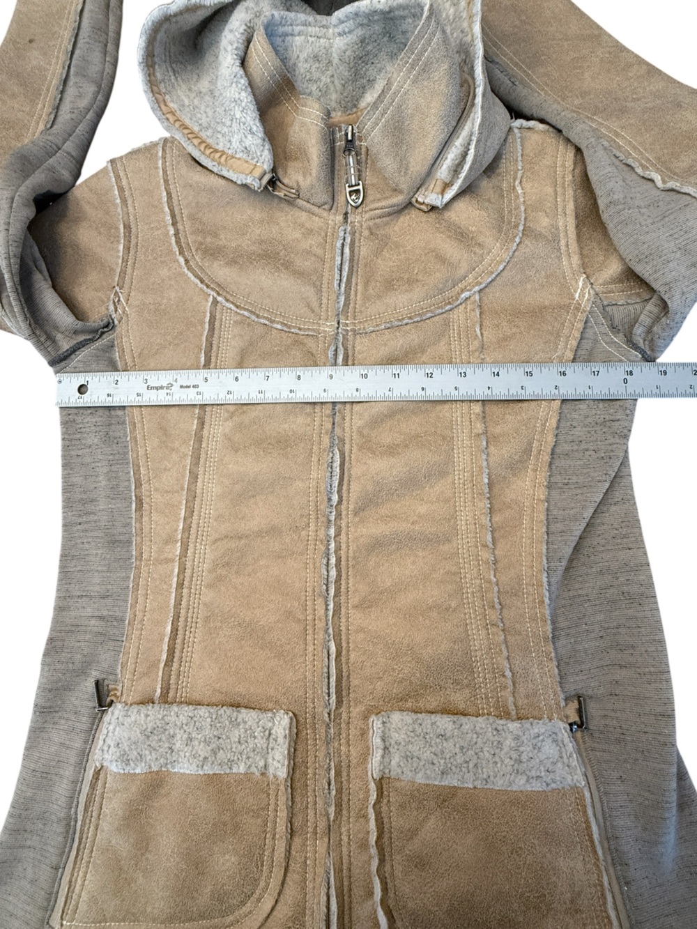 KÜHL Dani Sherpa Jacket Women’s M Tan Faux Suede Fleece Lined Hooded Full Zip - Picture 13 of 15